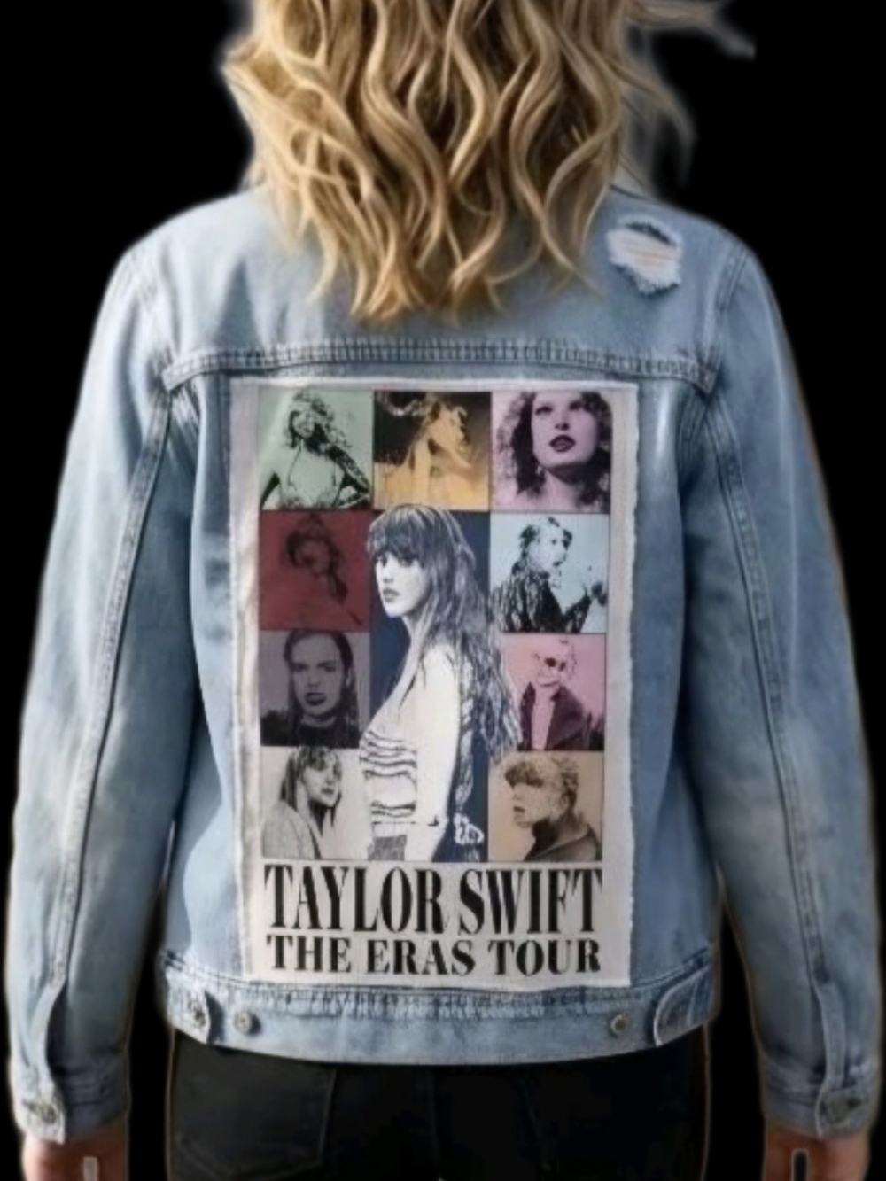 Taylor Swift Distressed Light Blue Denim Jacket with Back Graphic Patch